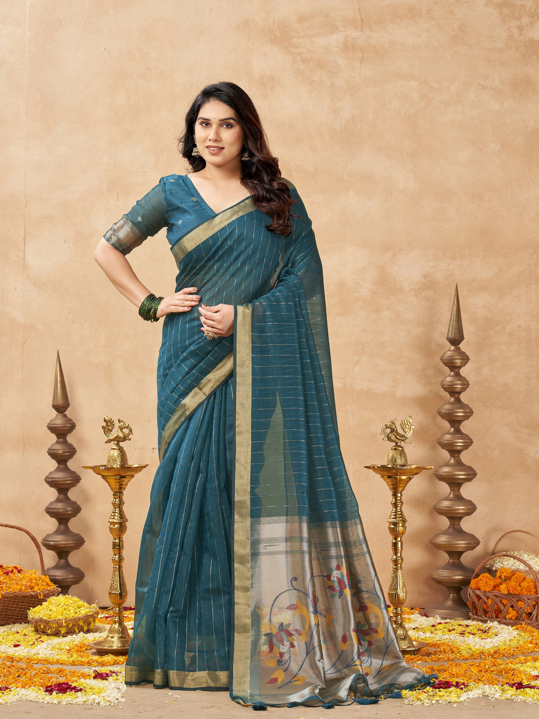 Tissue Cotton Saree With Paithani Pallu And Zari Weaving Work