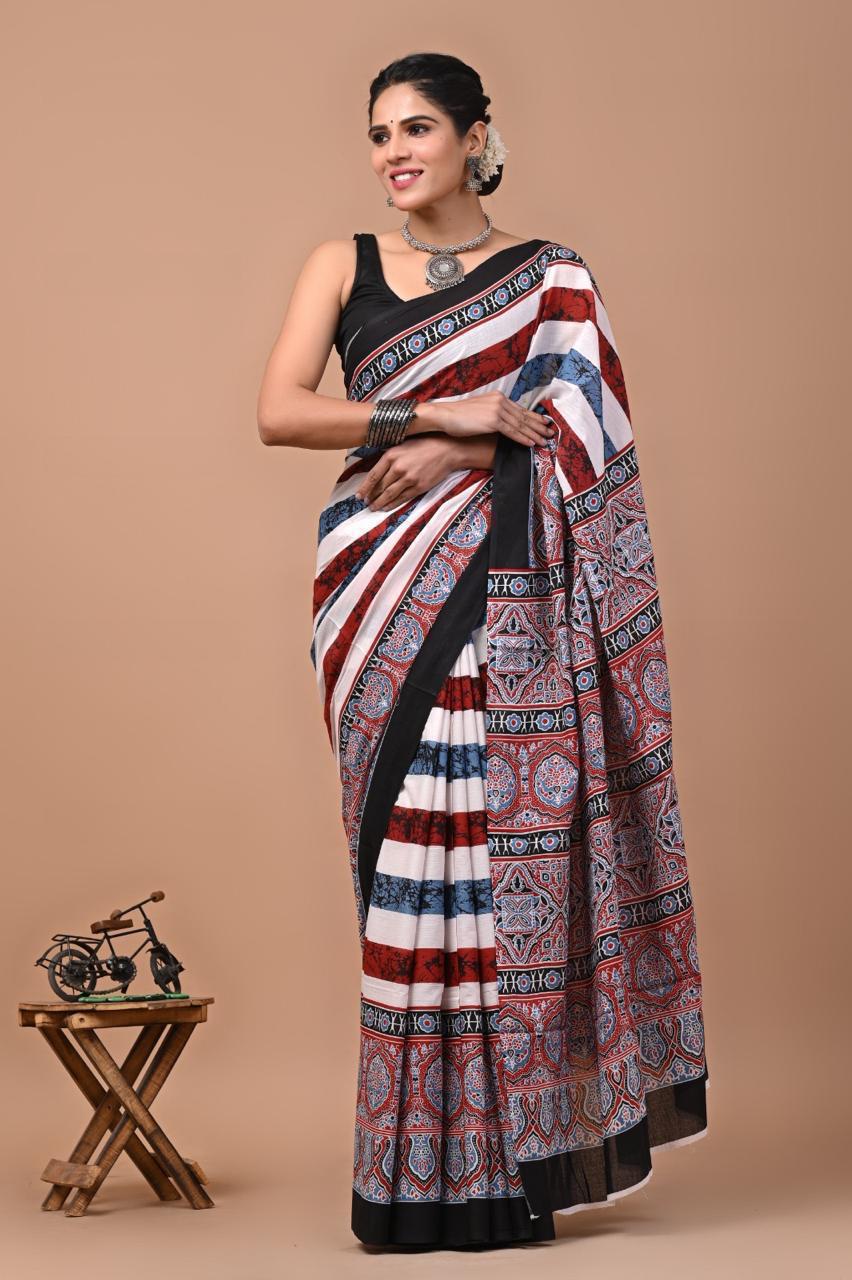Mulmul Cotton Saree With Bagru Block Printed Work