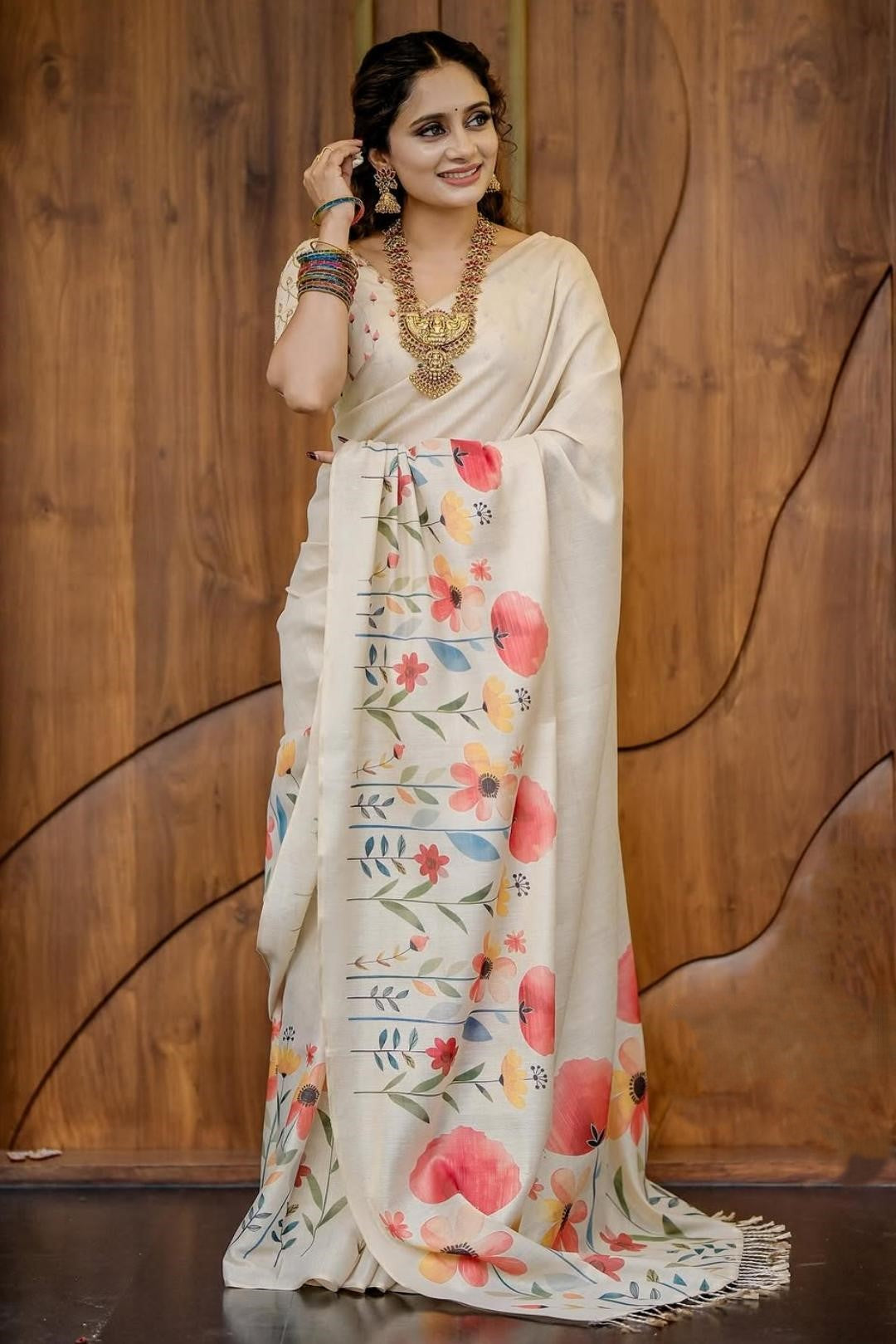 Beige Color Linen Tissue Silk Saree With Digital Printed Work