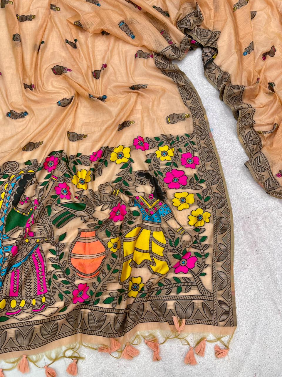 Soft Madhubani Muga Cotton Saree With Resham Weaving Matka Design Work