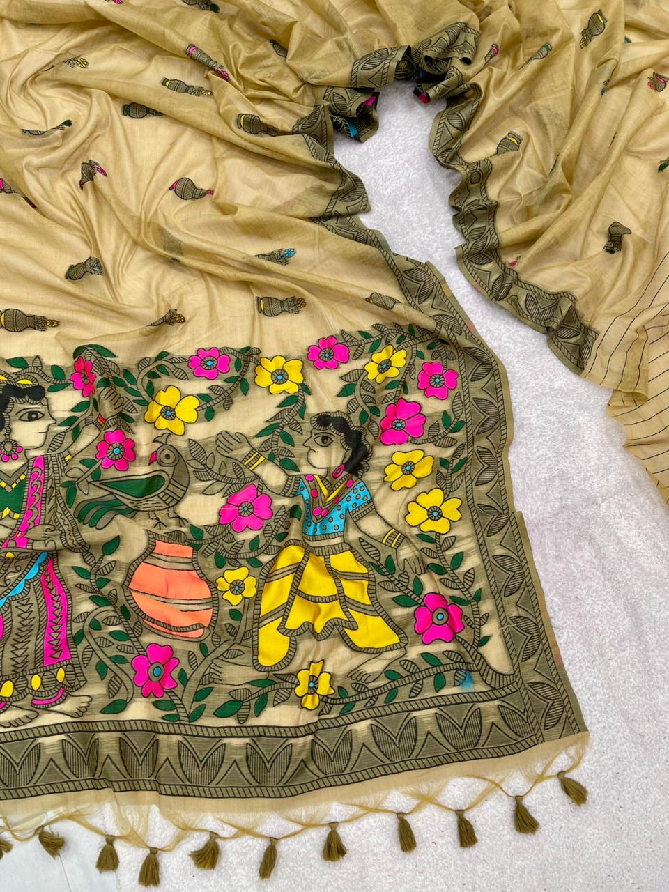 Soft Madhubani Muga Cotton Saree With Resham Weaving Matka Design Work