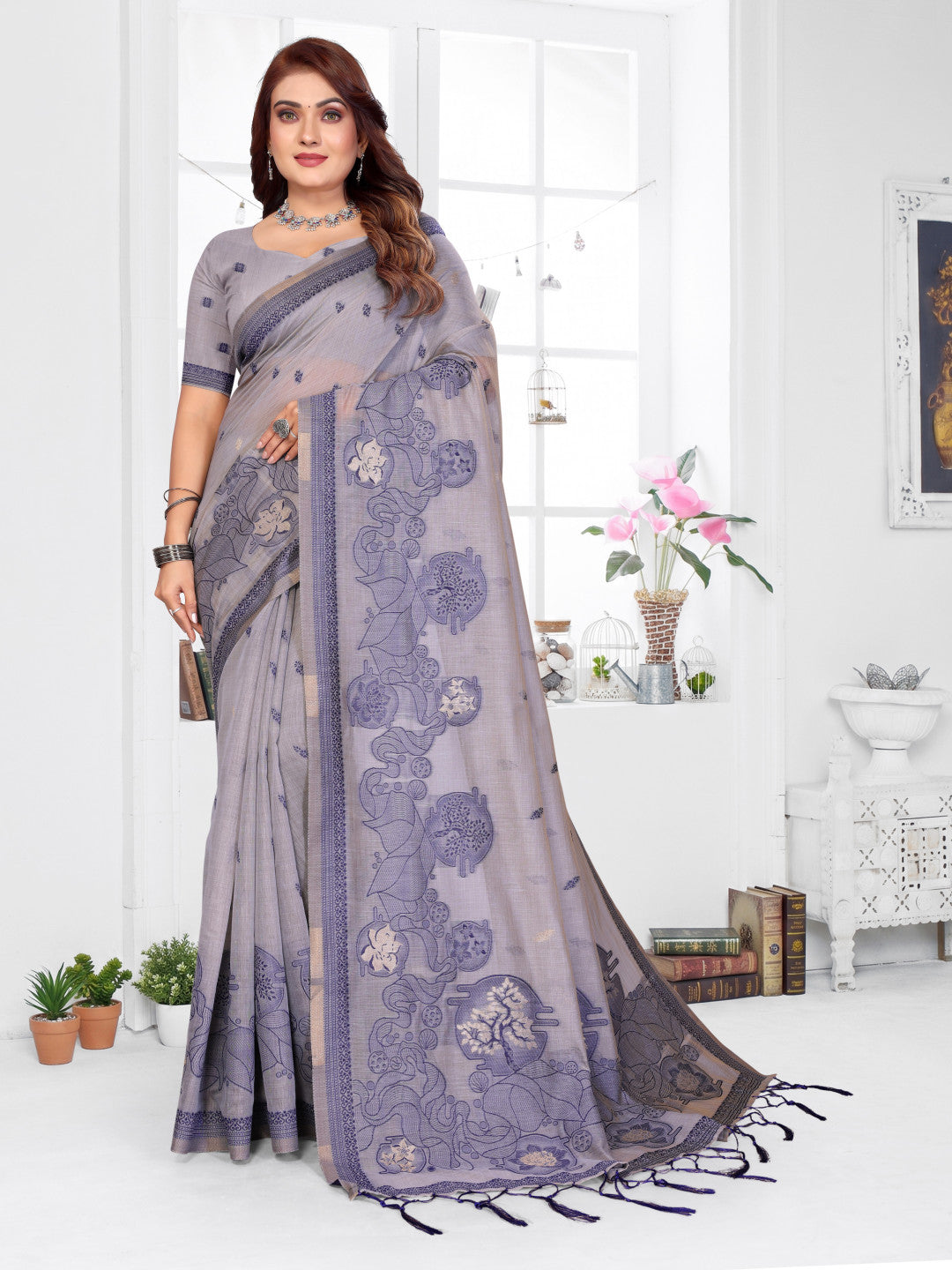 Soft Spun Base Muga Cotton Saree With Jacquard Weaving Work