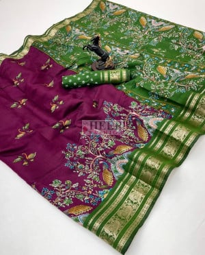 Viscose Silk Saree with Golden Zari Weaving and Kalamkari Work