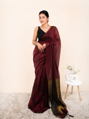 Khadi Cotton Saree with Golden Pallu Work