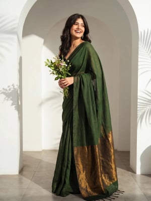 Khadi Cotton Saree with Golden Pallu Work