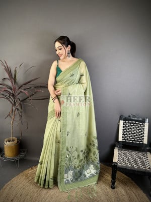 Muga Cotton Saree With Woven Motif And Rich Woven Border Weaving Pallu Work