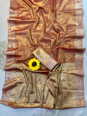 Banarasi Tissue Silk Saree with beautiful Ghunghroo and Golden zari border work