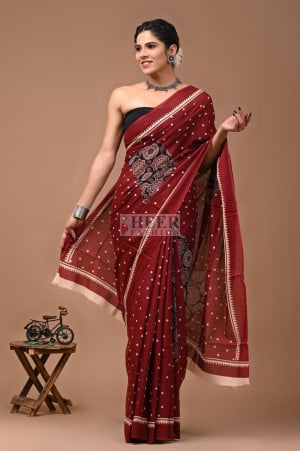 Mulmul Cotton Saree with Bagru Block Printed Work