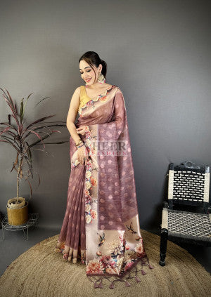 Cotton Saree with Digital Kalamkari Floral Printed Work