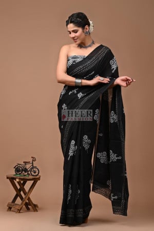 Mulmul Cotton Saree with Bagru Block Printed Work