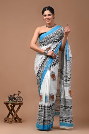 Mulmul Cotton Saree with Bagru Block Printed Work