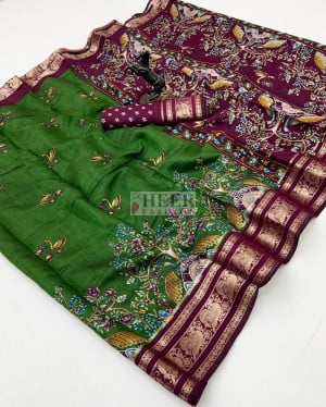 Viscose Silk Saree with Golden Zari Weaving and Kalamkari Work