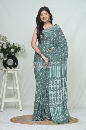 Mulmul Cotton Saree with Bagru Vegetable Dye Hand Block Printed Work
