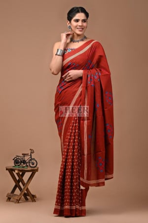 Mulmul Cotton Saree with Bagru Block Printed Work