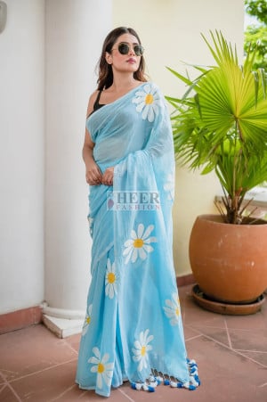 Khadi Cotton Saree with Flower Printed Work