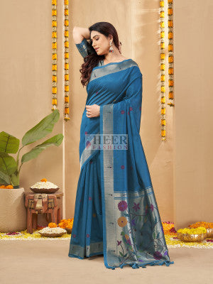 Khadi Raw Silk Saree with Paithani Pallu and Zari Weaving Work