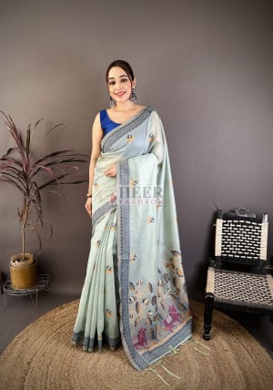 Muga Cotton Saree With Woven Motif And Rich Woven Border Weaving Pallu Work