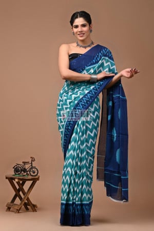 Mulmul Cotton Saree with Bagru Block Printed Work