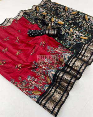 Viscose Silk Saree with Golden Zari Weaving and Kalamkari Work