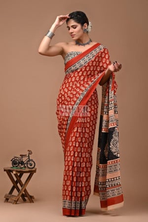 Mulmul Cotton Saree with Bagru Block Printed Work