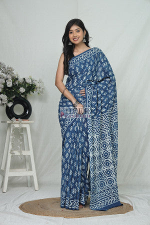 Mulmul Cotton Saree with Bagru Vegetable Dye Hand Block Printed Work