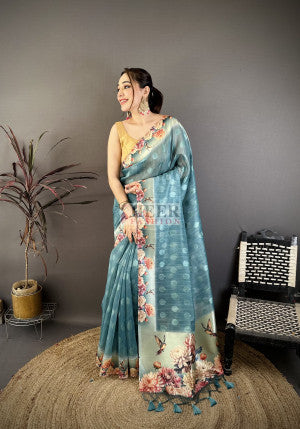 Cotton Saree with Digital Kalamkari Floral Printed Work