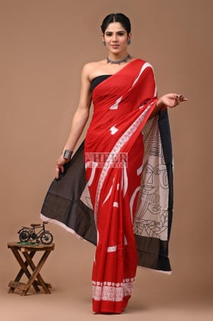 Mulmul Cotton Saree with Bagru Block Printed Work
