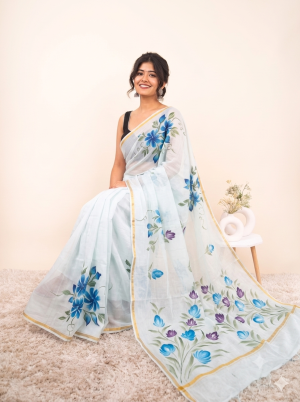 Pure Mul Cotton Saree with Floral Hand Brush Printed Work