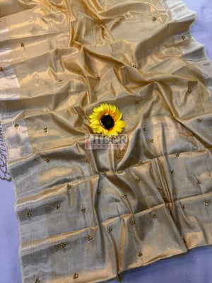 Banarasi Tissue Silk Saree with beautiful Ghunghroo and Golden zari border work
