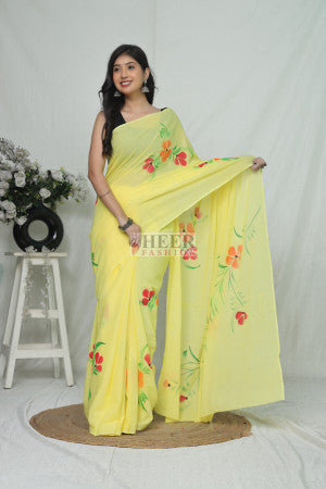 Mulmul Cotton Saree with Bagru Vegetable Dye Hand Block Printed Work