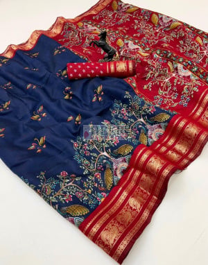 Viscose Silk Saree with Golden Zari Weaving and Kalamkari Work