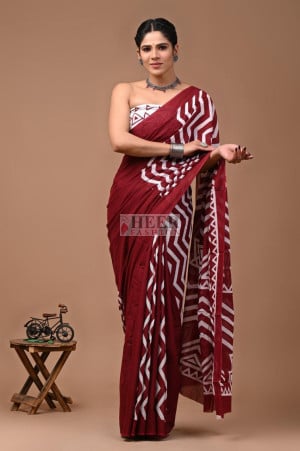 Mulmul Cotton Saree with Bagru Block Printed Work
