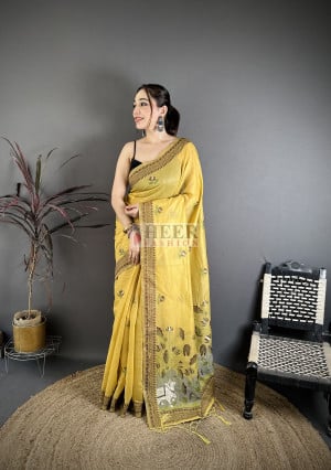 Muga Cotton Saree With Woven Motif And Rich Woven Border Weaving Pallu Work