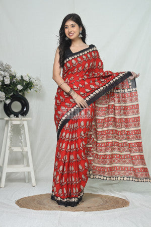 Mulmul Cotton Saree with Bagru Vegetable Dye Hand Block Printed Work