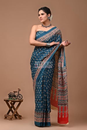 Mulmul Cotton Saree with Bagru Block Printed Work