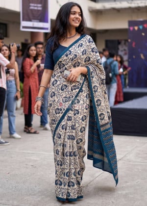Mulmul Cotton Saree with Bagru Hand Block Printed Work