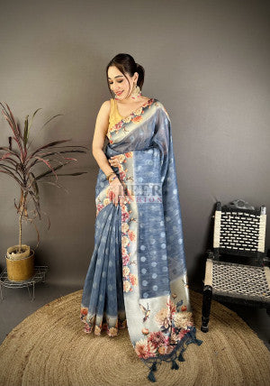Cotton Saree with Digital Kalamkari Floral Printed Work