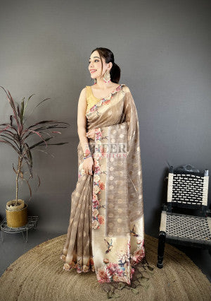 Cotton Saree with Digital Kalamkari Floral Printed Work