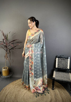 Cotton Saree with Digital Kalamkari Floral Printed Work