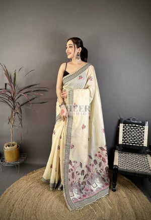 Muga Cotton Saree With Woven Motif And Rich Woven Border Weaving Pallu Work