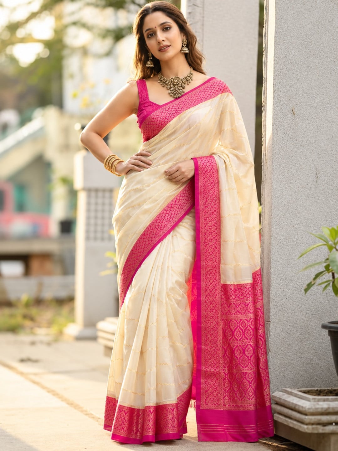 Beige Color Soft Banarasi Lichi Silk Saree With Jacquard Weaving Work