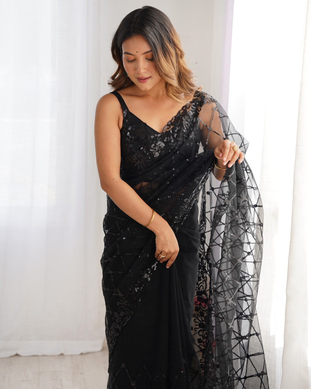 Net Embroidery Saree With Sequence Work- Black