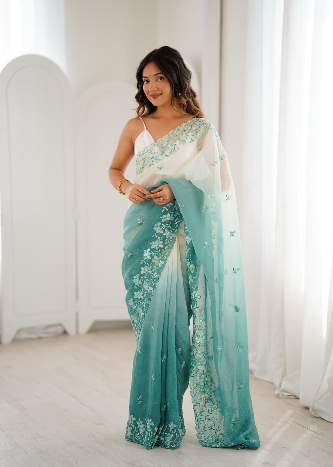 Fancy Crunchy Silk Saree With Sequence Work Arco Border