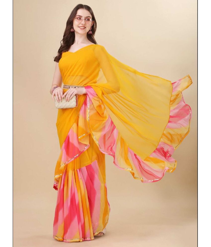 Soft Yellow Georgette Saree With Beautiful Laheriya Zallar Work