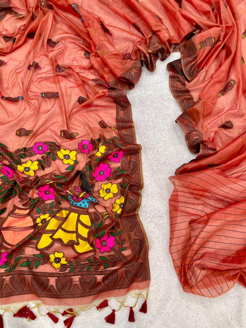 Soft Madhubani Muga Cotton Saree With Resham Weaving Matka Design Work