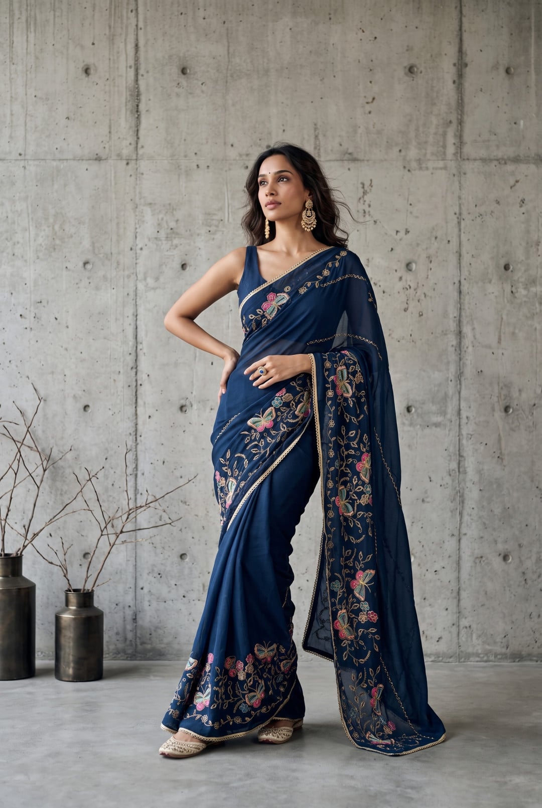 Georgette Saree With Beautiful Embroidery Work