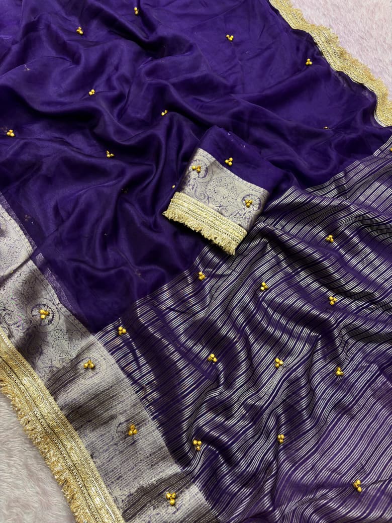 Organza Silk Saree with Beautiful Ghunghroo and Golden Zari Border Work