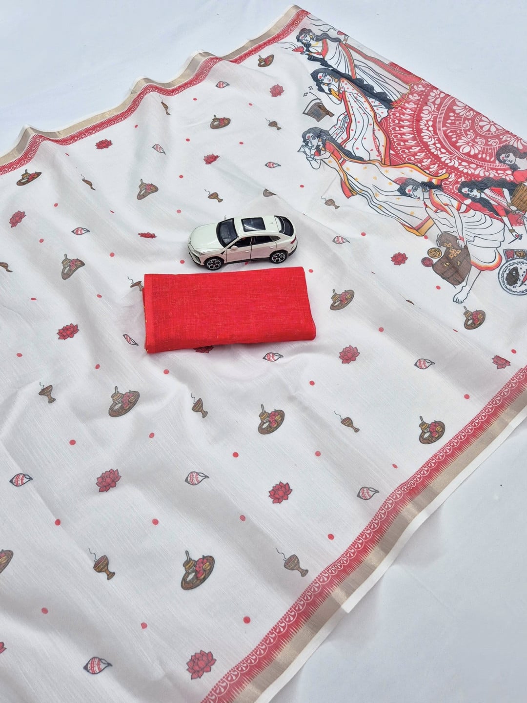 Durga Pooja Special White Color Soft Linen Cotton Saree With Digital Printed Work And Golden Zari