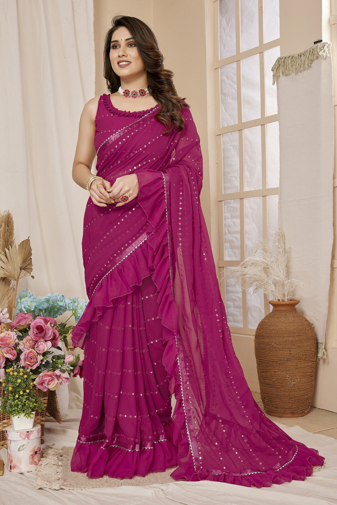 Soft Georgette Saree With Mirror Work