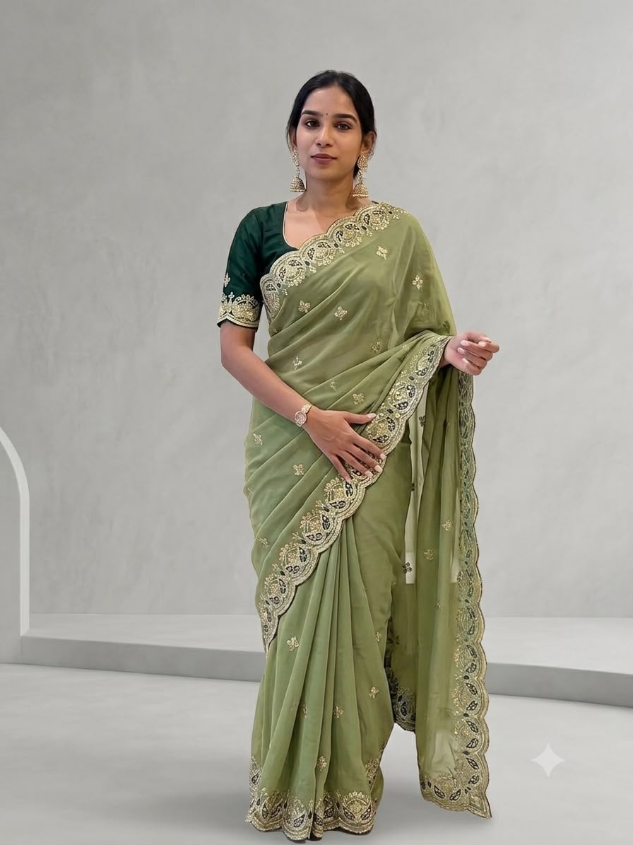 Soft Star Georgette Silk Saree With Embroidery And Sequence Work